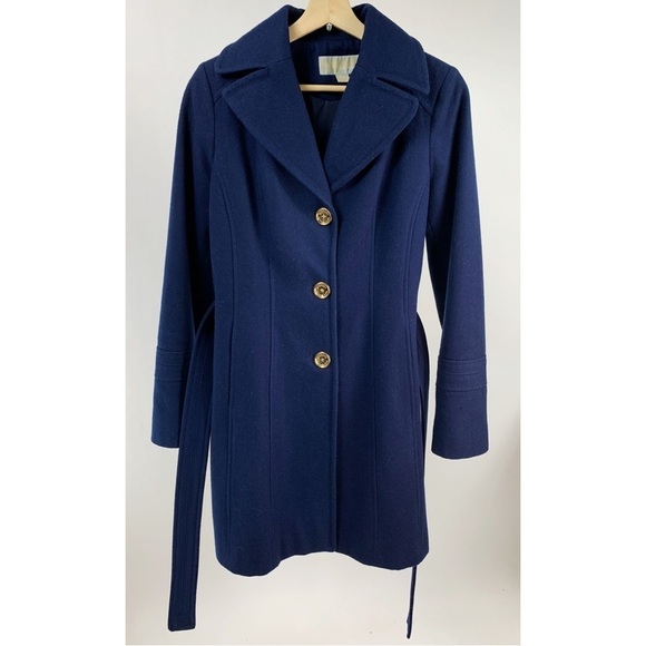 Michael Michael Kors Petite Navy Blue Wool-blend Belted Walker Coat Size 6 - Picture 2 of 11